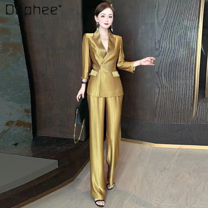 2022 Spring New Classy Outfits for Women Elegant Golden Long Sleeve Slim Fit Acetate Silk Suit and Trousers Suit Two-Piece Set
2022 Spring New Classy Outfits for Women Elegant Golden Long Sleeve Slim Fit Acetate Silk Suit and Trousers Suit Two-Piece Set