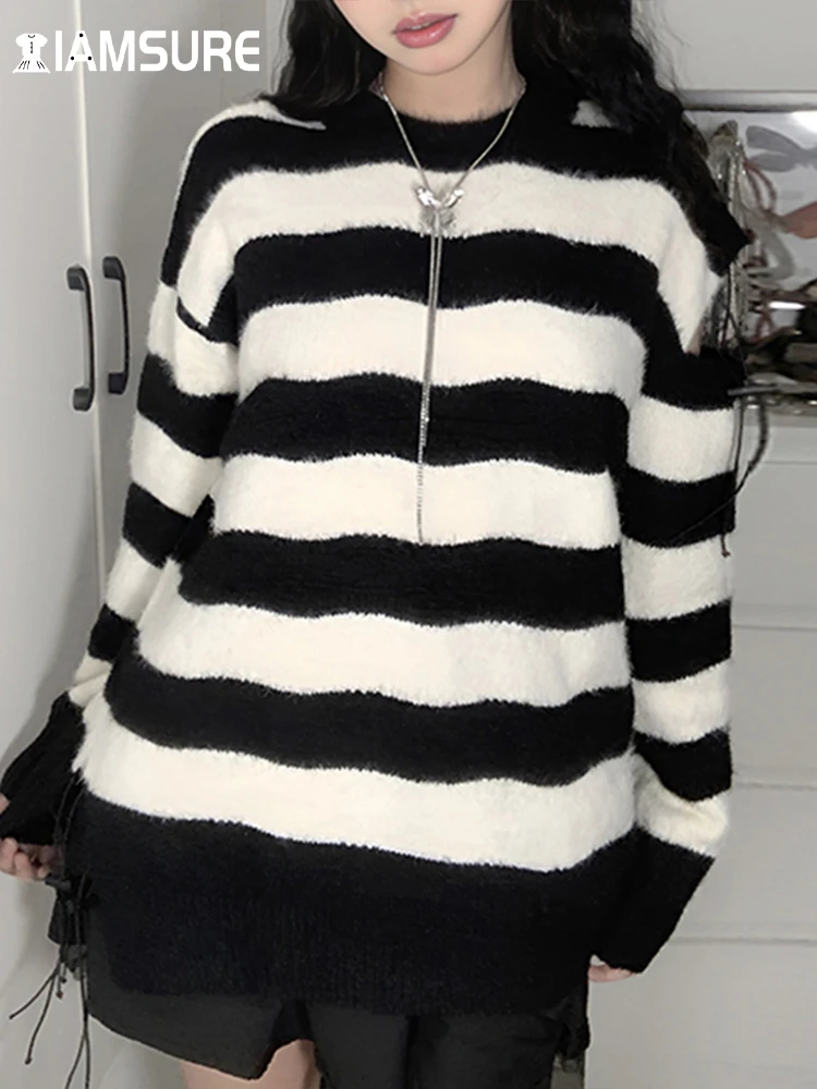 IAMSURE Casual Streetwear Striped Hollow Out Knitted Pullovers Basic Loose O-Neck Long Sleeve Sweaters Women 2023 Autumn Winter
IAMSURE Casual Streetwear Striped Hollow Out Knitted Pullovers Basic Loose O-Neck Long Sleeve Sweaters Women 2023 Autumn Winter