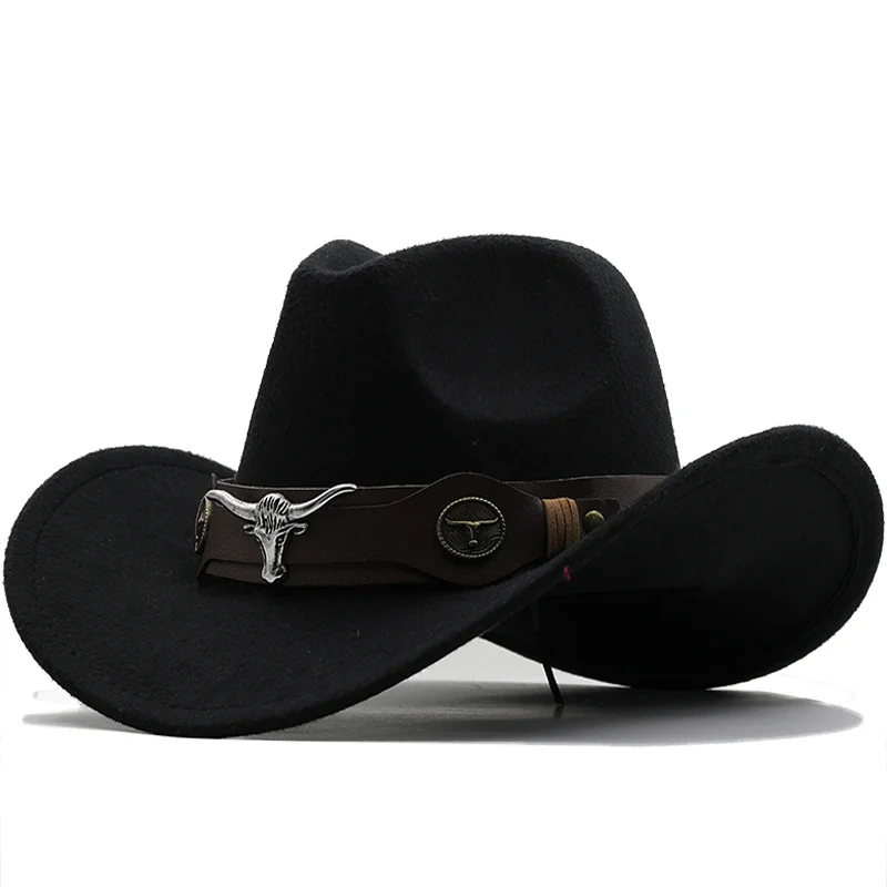 

New Wome Men Black Wool Capeu Western Cowboy at entleman Jazz Sombrero ombre Cap Dad Cowirl ats Size 56-58cm
