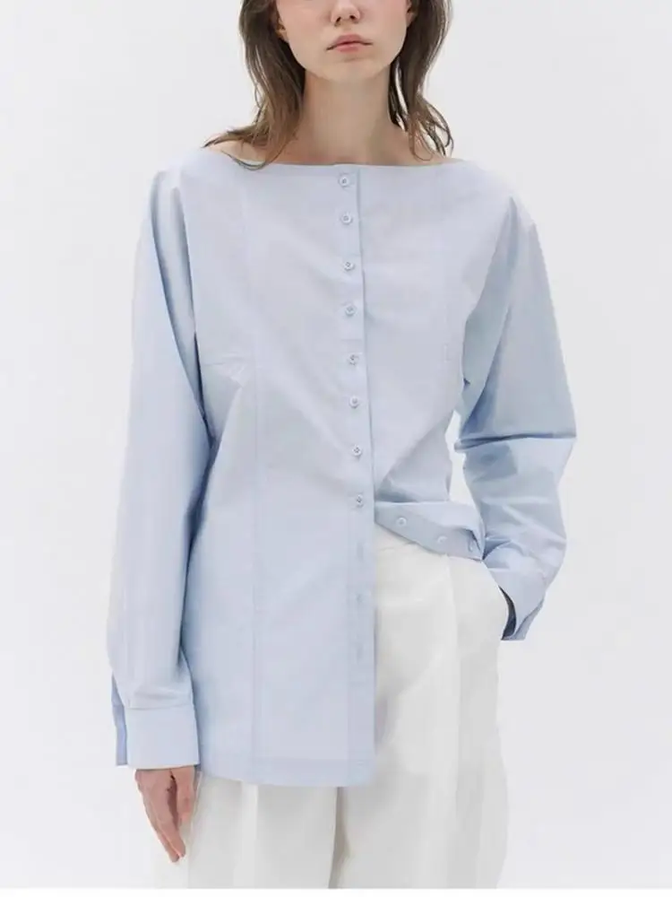 Женская однобортная рубашка с длинным рукавом, синяя или белая простая блузка с воротником-лодочкой, осень 2023
Женская однобортная рубашка с длинным рукавом, синяя или белая простая блузка с воротником-лодочкой, осень 2023