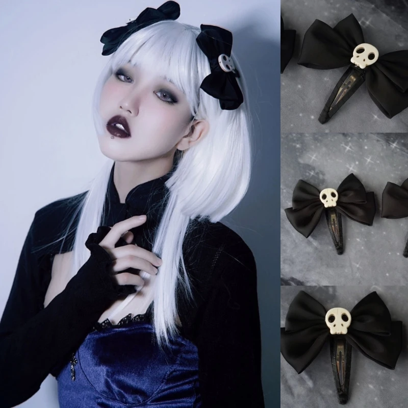 

Black Bows Hair Clip Halloween Skull Hairpin 2Pcs Handmade Hair Barrette with Head Bone Decor Cosplay Party Favor