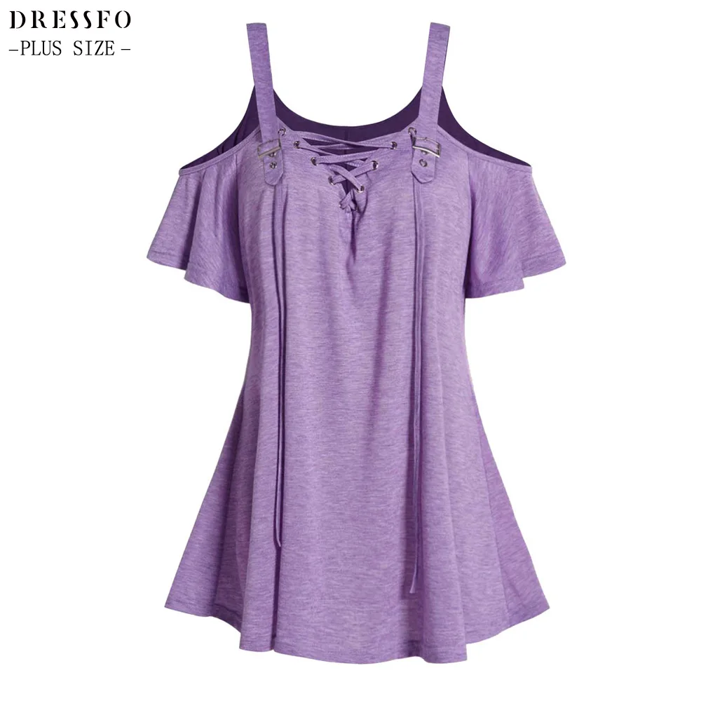 

Dressfo Plus Size Cold Shoulder Tops For Women Summer Casual Daily Clothing Lace Up Buckle Straps Short Sleeve Curve Tee