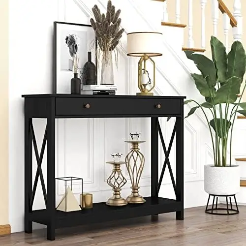 Design Console Table with Drawer and Storage Shelves, Foyer Sofa Table Narrow for Entryway, Living Room, Hallway, Black
Design Console Table with Drawer and Storage Shelves, Foyer Sofa Table Narrow for Entryway, Living Room, Hallway, Black