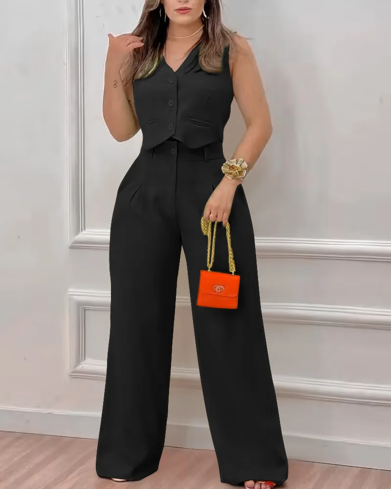 Sleeveless Buttoned Crop Top & High Waist Pants Set Women 2pcs Spring Summer Clothes Suit Short Vest Camis Tank Wide Leg Pants
Sleeveless Buttoned Crop Top & High Waist Pants Set Women 2pcs Spring Summer Clothes Suit Short Vest Camis Tank Wide Leg Pants