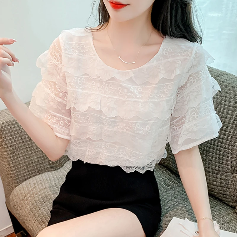 Women Tops Summer New Lace Shirt Flare Sleeve Crew Neck Temperament Versatile Solid Color Ladies Feminina Blouses Shirts 389C
Women Tops Summer New Lace Shirt Flare Sleeve Crew Neck Temperament Versatile Solid Color Ladies Feminina Blouses Shirts 389C