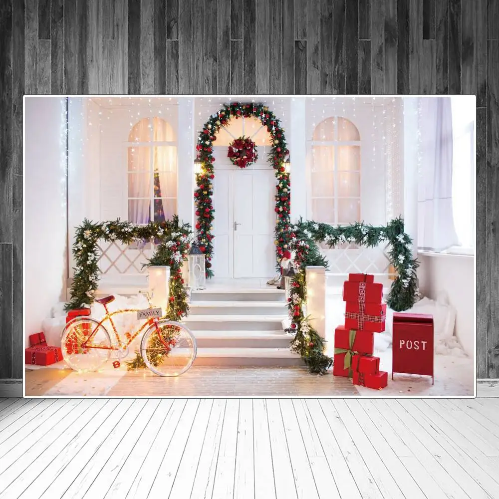 Lighting Christmas Porch Front Door Photography Backdrop Children White Arched Window Stairs Gifts Bicycle Home Photo Background
Lighting Christmas Porch Front Door Photography Backdrop Children White Arched Window Stairs Gifts Bicycle Home Photo Background