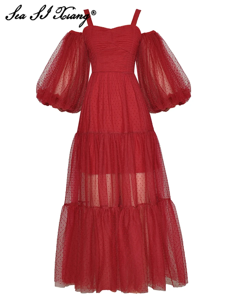 Seasixiang Fashion Designer Summer Long Mesh Dress Women Spaghetti Strap Backless Lantern Sleeve Elegant Party Dot Dresses
Seasixiang Fashion Designer Summer Long Mesh Dress Women Spaghetti Strap Backless Lantern Sleeve Elegant Party Dot Dresses