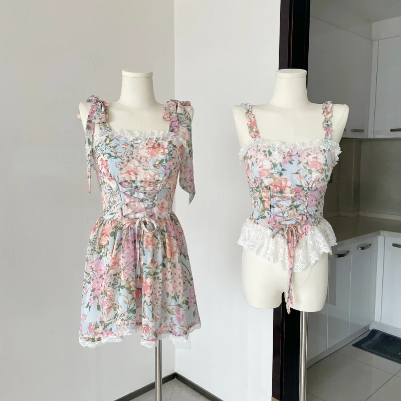 2022 Brand New Strappy-Backless Floral Printing Lace-up Mini Dress Lace Splicing Collar Sleeveless Corset Cami Top Vestidos
2022 Brand New Strappy-Backless Floral Printing Lace-up Mini Dress Lace Splicing Collar Sleeveless Corset Cami Top Vestidos