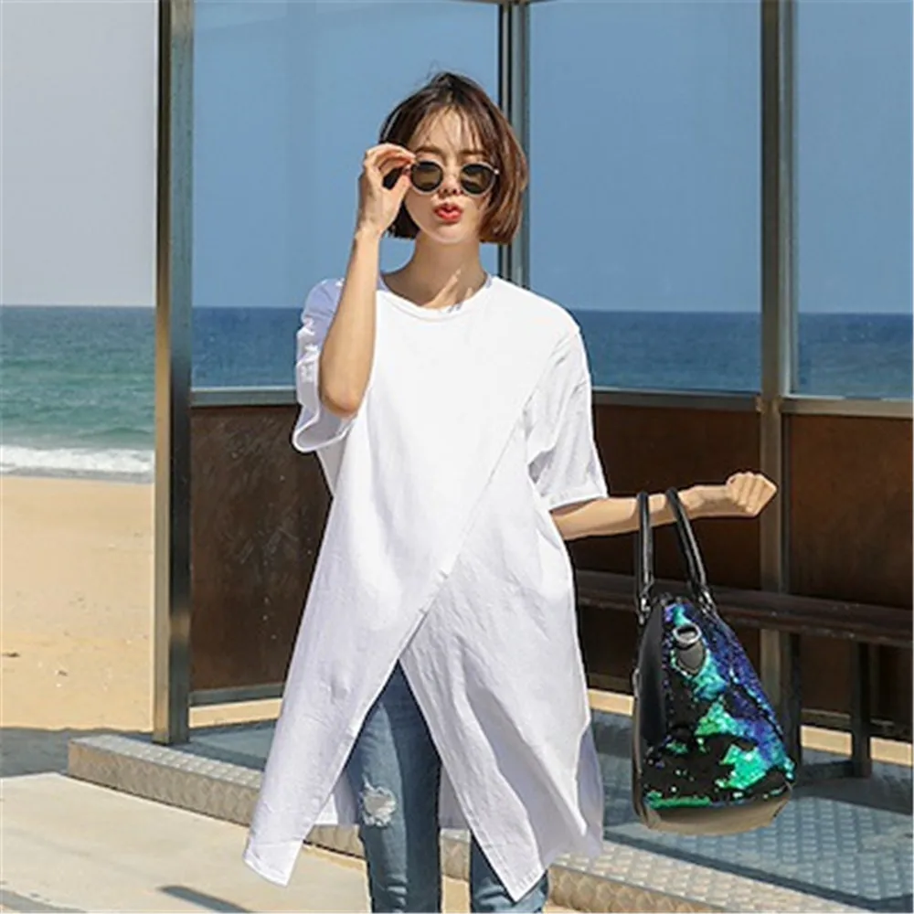 Women T-shirt Solid Color Round Neck Loose Thin Irregular Slit Bottoming Shirt Mid-length Top Five-point Sleeve Leisure Tops
Women T-shirt Solid Color Round Neck Loose Thin Irregular Slit Bottoming Shirt Mid-length Top Five-point Sleeve Leisure Tops