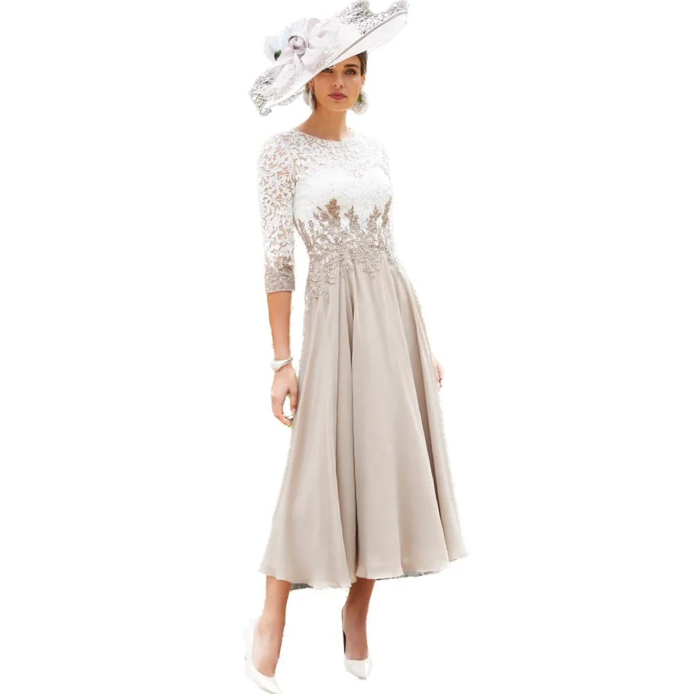 Elegant Mother of the Bride Gowns Beige Midi Dress Featuring Intricate Lace Bodice Three-Quarter Sleeves Graceful Flowing Skirt
Elegant Mother of the Bride Gowns Beige Midi Dress Featuring Intricate Lace Bodice Three-Quarter Sleeves Graceful Flowing Skirt
