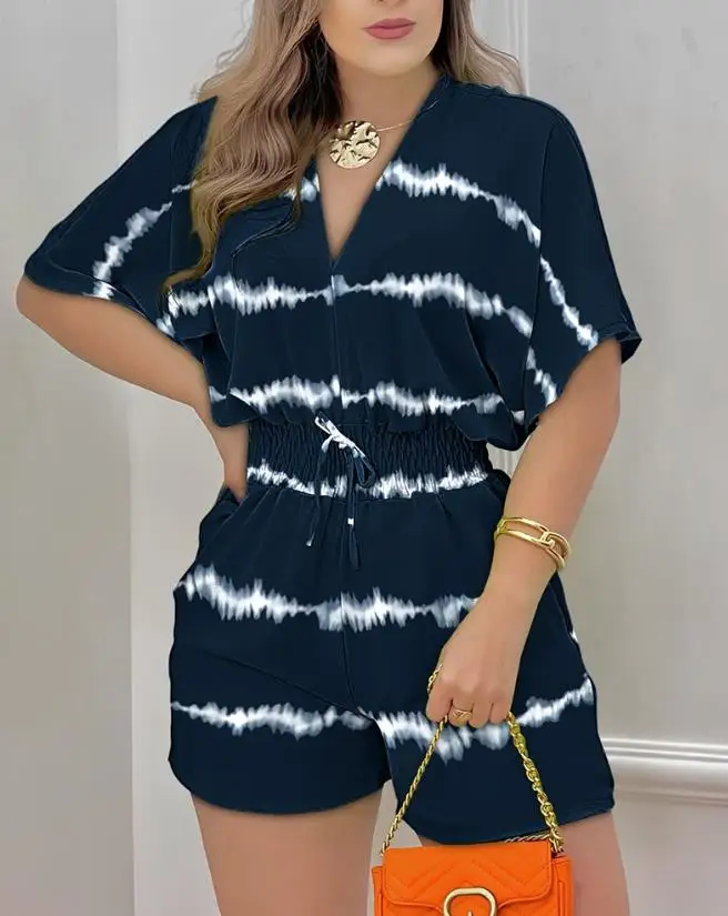 

Women's Short Jumpsuit 2023 Summer New Fashion Casual Hot Selling Short Sleeve Tie Dye Print Batwing Sleeve Shirred Romper Y2K