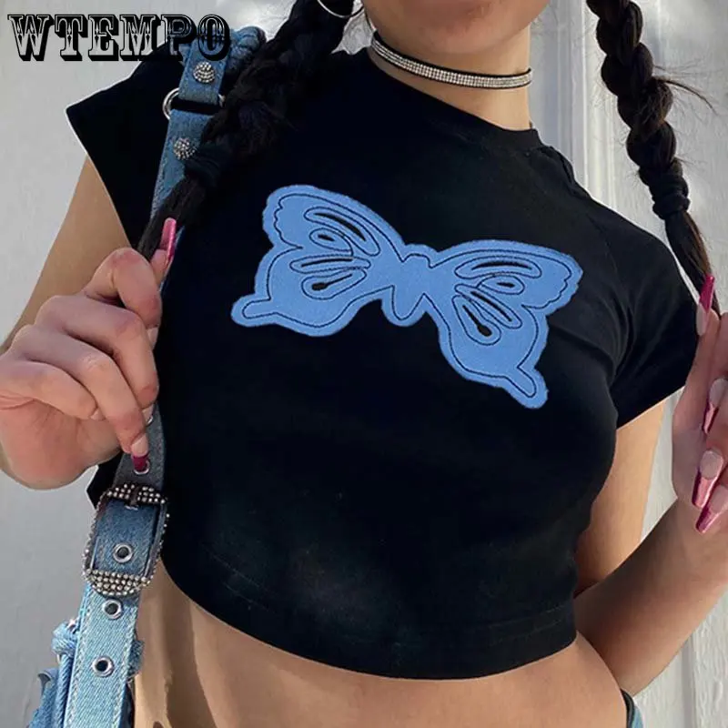 Butterfly Patch Embroidery Black Short T-shirt Slim Women HighWaist Short-sleeved Top Simple Casual Fashion Gothic SpringSummer
Butterfly Patch Embroidery Black Short T-shirt Slim Women HighWaist Short-sleeved Top Simple Casual Fashion Gothic SpringSummer