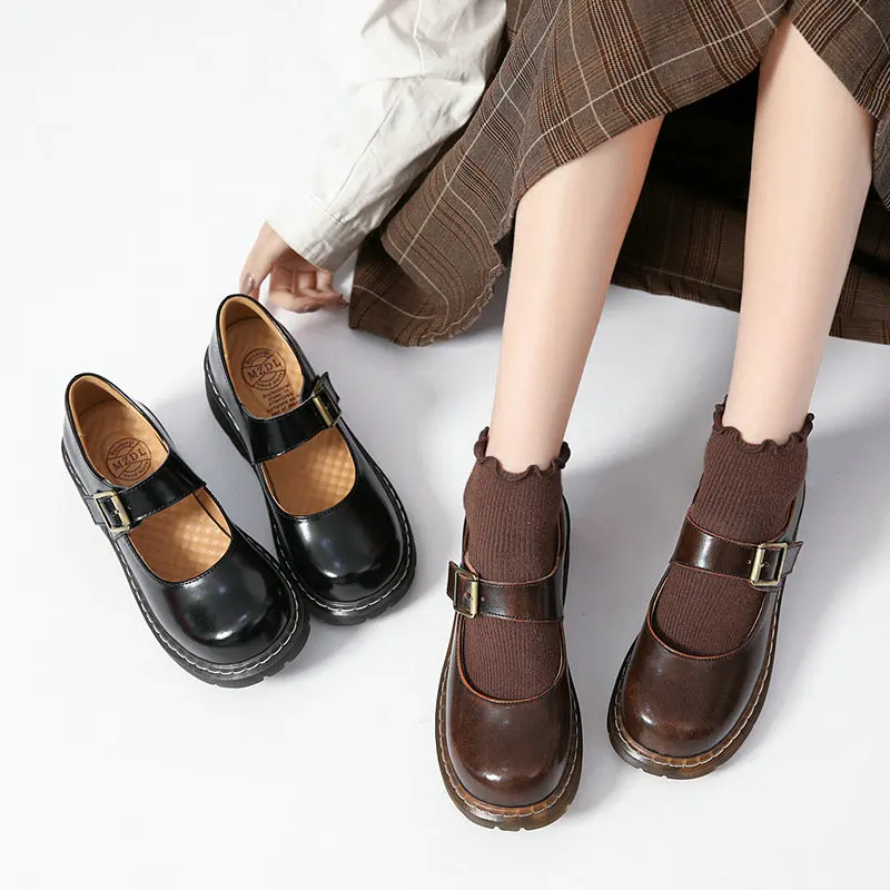 

Mary Jane Shoes Thick-soled Cowhide Lather Shoes Women Retro Lolita Shoes Japanese jk Uniform Original Girl College Style
