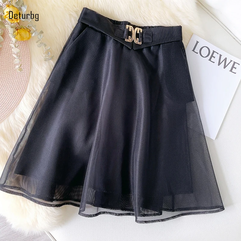 Women's Elegant Organza Knee-length Skirt Korean Fashion Back Elastic High Waist Flowy Mesh A-Line Black Skirts 2022 Summer K118 
Women's Elegant Organza Knee-length Skirt Korean Fashion Back Elastic High Waist Flowy Mesh A-Line Black Skirts 2022 Summer K118