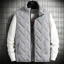 2023 Winter Warm Mens Jacket Sleeveless Zipper Vest Solid Color Casual Vests Cotton-Padded Thickened Stand Collar Wear Outside