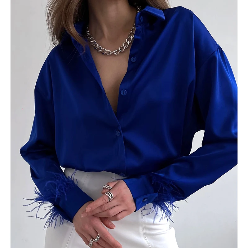 Элегантная атласная блузка с перьями и манжетами Женская Повседневная