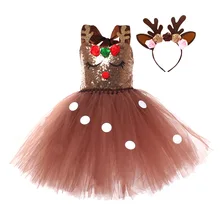 New Girls Reindeer Christmas Holiday Tutu Dress Sequins Rudolph Inspired Kids Fancy Dresses With Headband Xmas Birthday Clothes