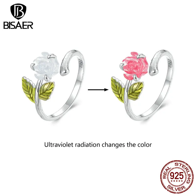 BISAER 100% 925 Sterling Silver Rose Change Color Open Ring Adjustable Size 5-9 Band for Romantic Women Party Fashion Jewelry
BISAER 100% 925 Sterling Silver Rose Change Color Open Ring Adjustable Size 5-9 Band for Romantic Women Party Fashion Jewelry