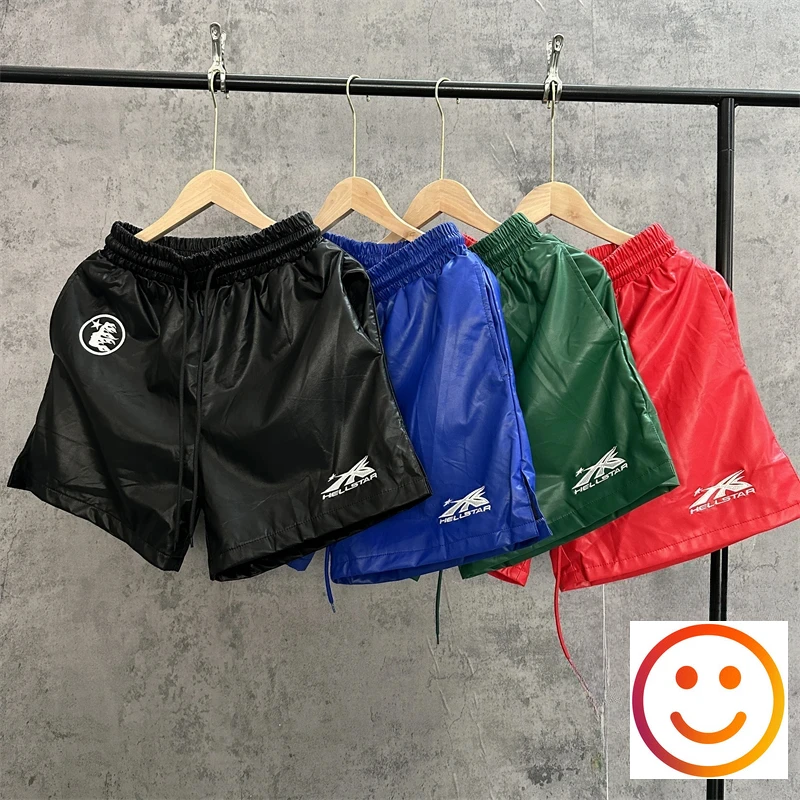 

Hellstar Reflective Leather Shorts 2024 Summer Men Women High Quality Drawstring Embroidery Logo Breeches Inside Tag