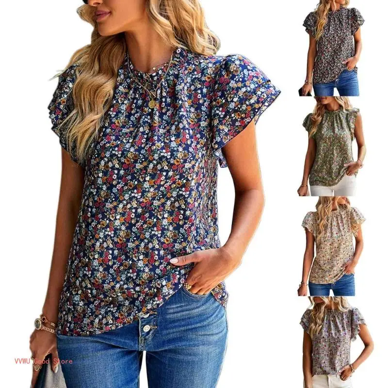 

Womens Summer Layered Ruffle Short Sleeve Blouses Boho Floral Print Frill Mock Neck Keyhole Back Loose Fit Tunic Shirts