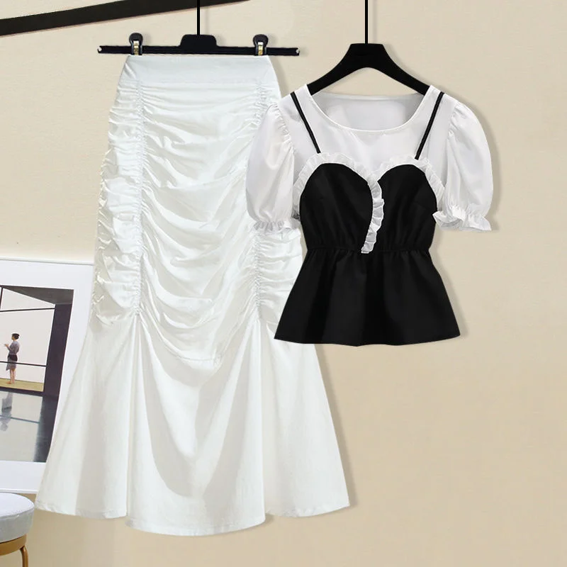 Women Summer French Vintage Two Pieces Set Korean Puff Sleeve Fake Two Piece Patchwork Tops And Draped Bodycon Mermaid Skirt Set
Women Summer French Vintage Two Pieces Set Korean Puff Sleeve Fake Two Piece Patchwork Tops And Draped Bodycon Mermaid Skirt Set
