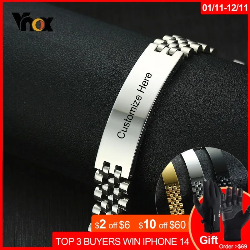 

Vnox 15mm Chunky Bracelets for Men Free Engraving 3 Color Stainless Steel Watch Band with ID Bar Design Tough Man Custom Jewelry