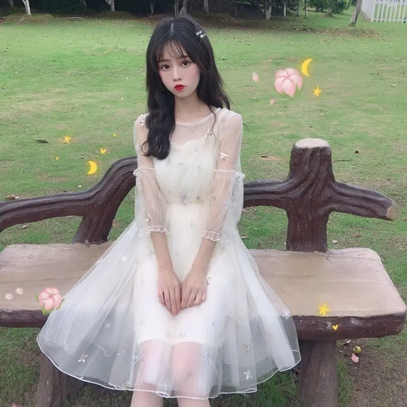 Summer 2023 New Mesh Dress Two-Piece Sling Half-Sleeved And Waisted Slimming Dress Fairy Temperamental Fairy Dress
Summer 2023 New Mesh Dress Two-Piece Sling Half-Sleeved And Waisted Slimming Dress Fairy Temperamental Fairy Dress