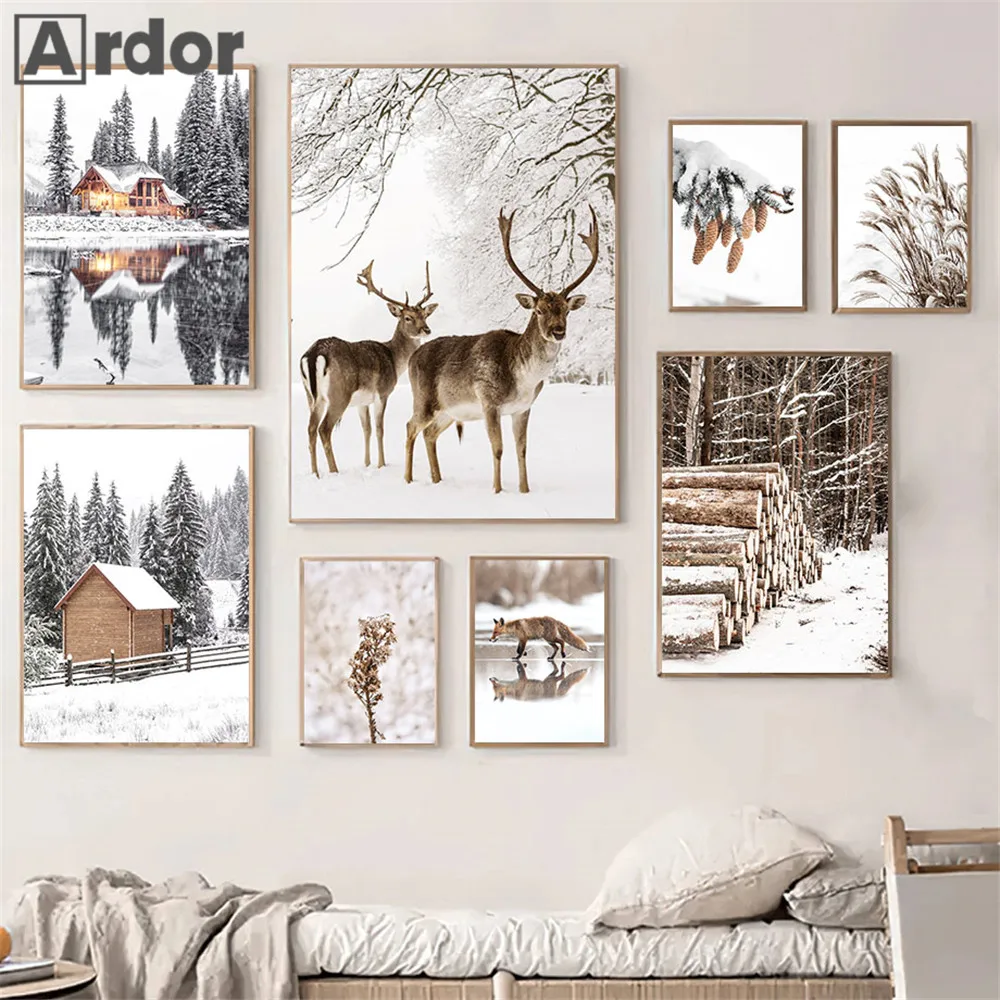 

Художественный постер с изображением лисы и лося, зимний Снежный лес, сосна, домик, Картина на холсте, растения, язычковые деревянные постеры, настенные картины в скандинавском стиле, декор для гостиной