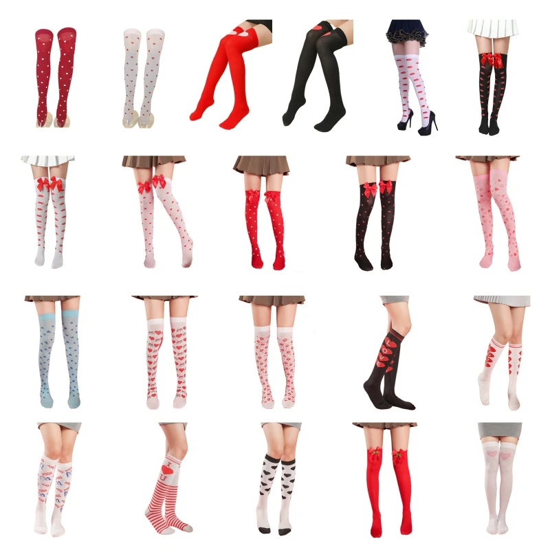 

Women Girls Valentines Day Silky Thigh High Stockings Sweet Love Heart Lips Printed Bowknot Over Knee Long Socks Party 37JB