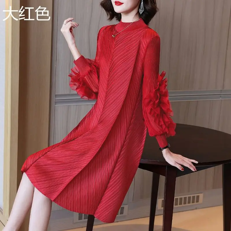 

Miyake Woman Pleated Midi Dress Ruffles Mesh Long Sleeve Half Turtleneck Vintage Style Elegant 2022 Early Autumn Fashion Dress