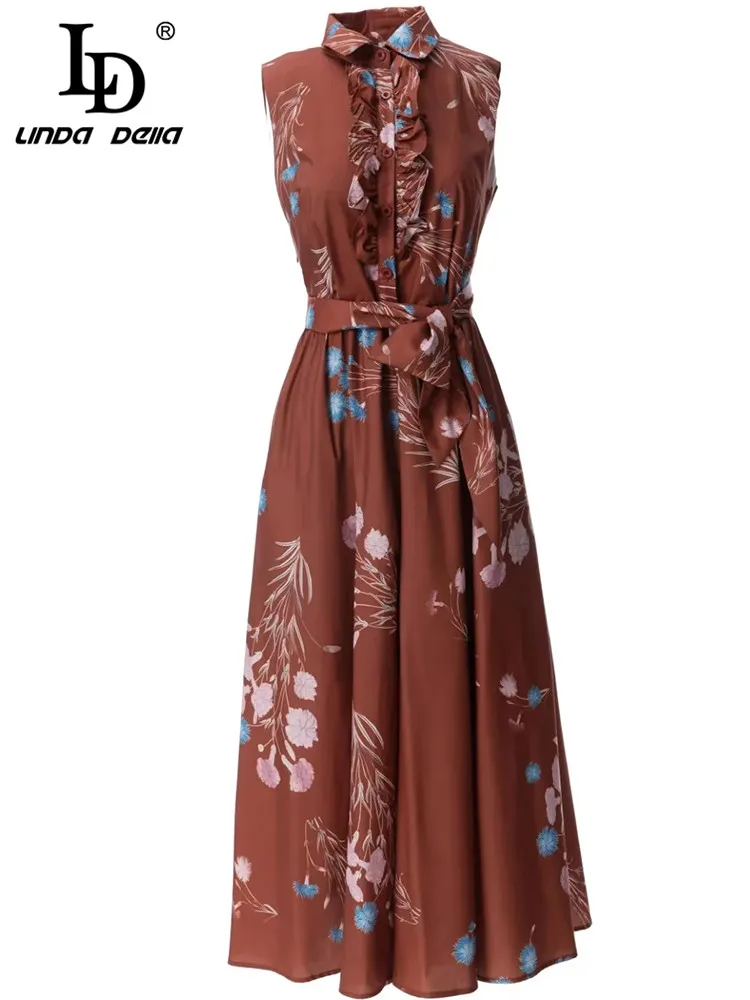 

LD LINDA DELLA 2023 New Fashion Runway Summer Dress Women's Sleeveless Floral Print Ruffles Belted Vintage Party Midi Dress