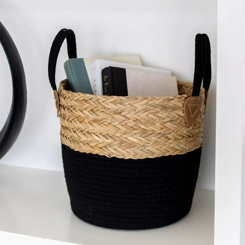

of 2 Round Storage Basket, Braided Seagrass & Cotton Rope, (MD + SM), Natural & Black