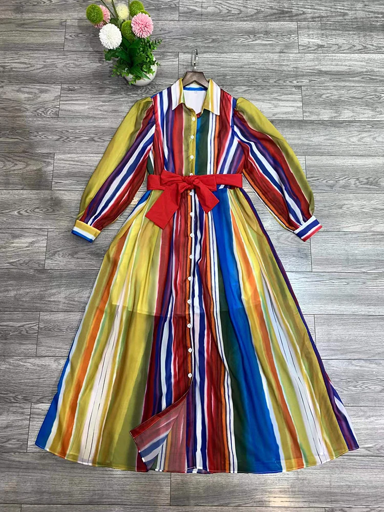 Colorful Rainbow Striped Women Long Dress Single Breasted Belt Sashes Full Sleeves Maxi Party Holiday Dresses
Colorful Rainbow Striped Women Long Dress Single Breasted Belt Sashes Full Sleeves Maxi Party Holiday Dresses