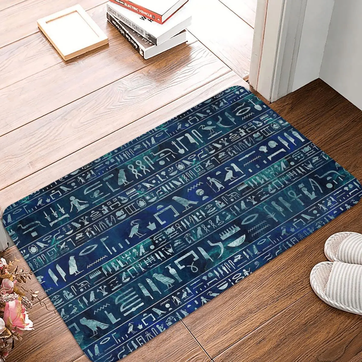 

Ancient Egypt Egyptian Anti-Slip Doormat Bath Mat Hieroglyphs Silver On Blue Painted Texture Hallway Carpet Welcome Rug Decor