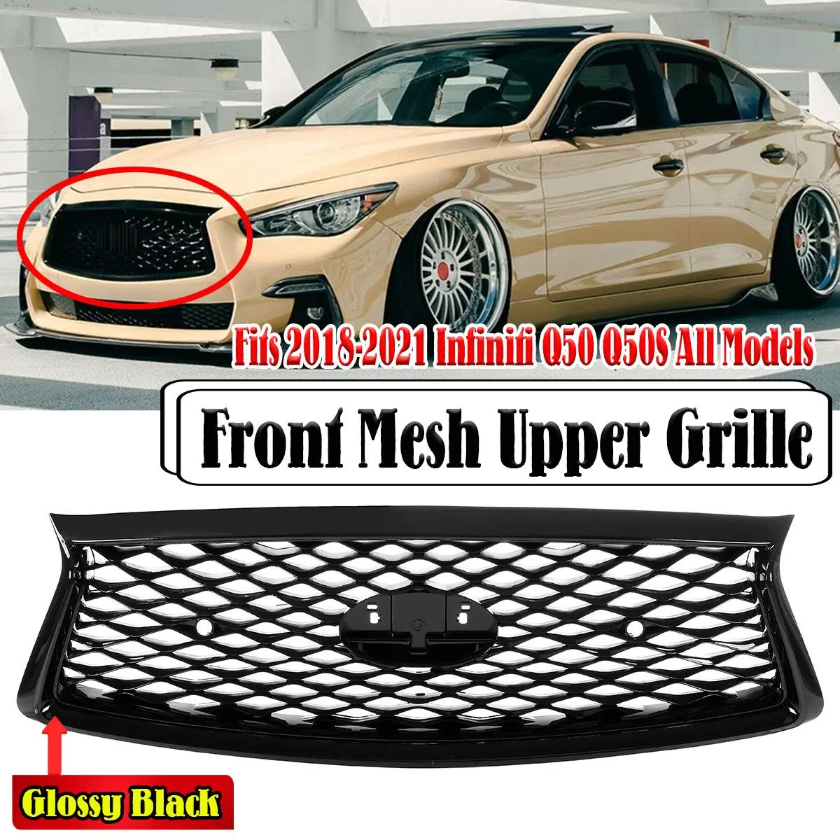 

For Infiniti Q50 Q50S 2018-2021 All Models Front Grille Grill Bumper Hood Mesh Glossy Black Cap Auto Kit