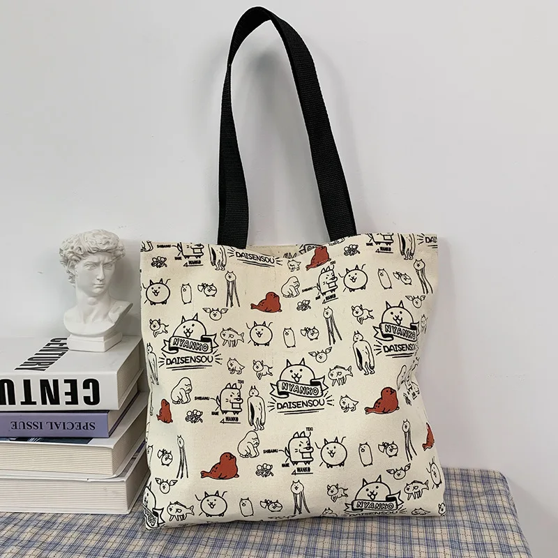 

NYANKO Letters Print Canvas Tote Bag Women Zipper Shipping Bag Female Cute Cartoon Cloth Shoulder Bag Ladies Eco Shopper Handbag