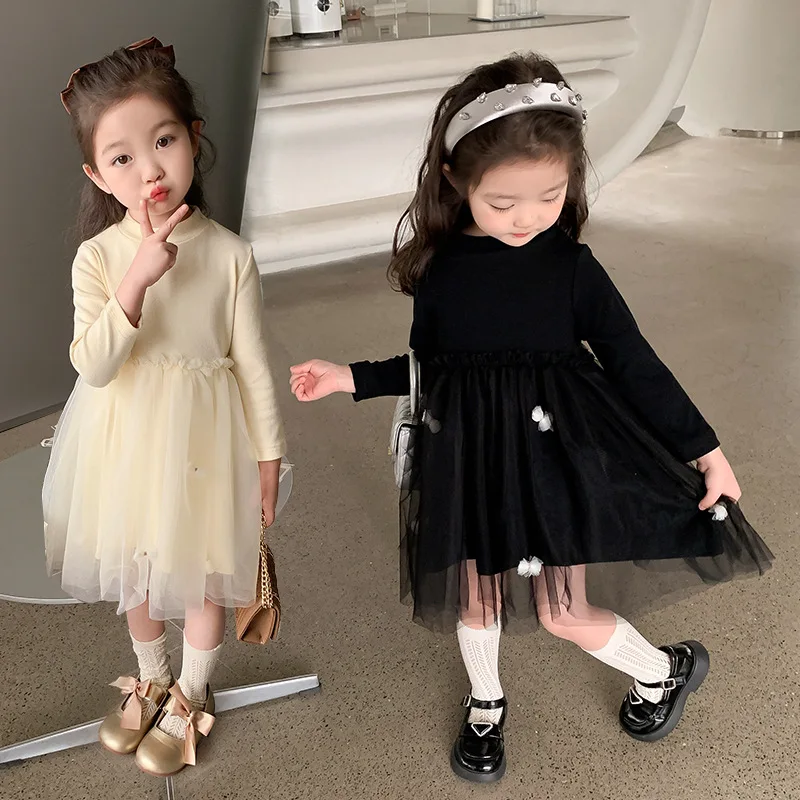 

Платье для девочек весна-осень детское модное вязаное лоскутное Сетчатое платье принцессы с длинным рукавом и коротким воротником