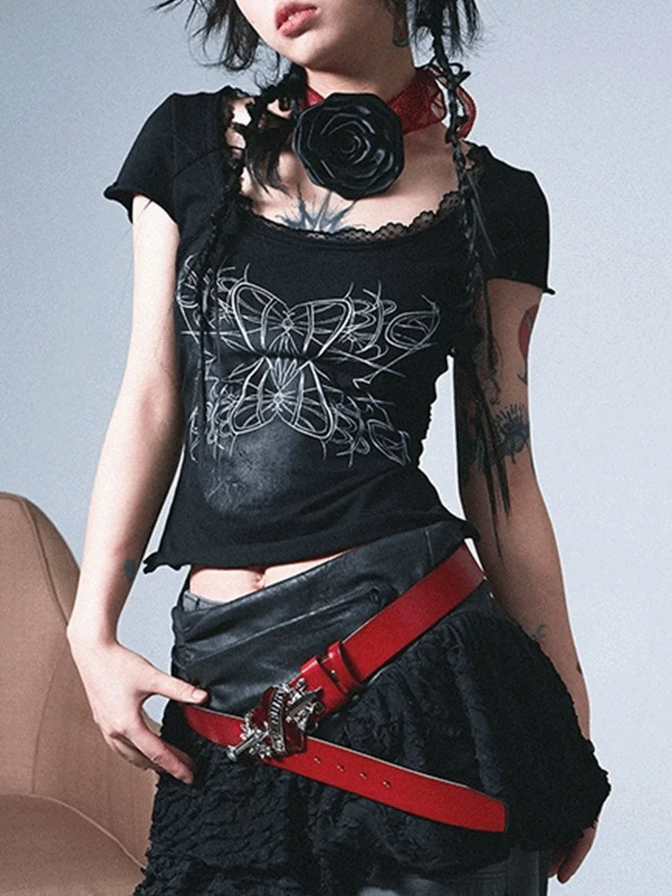 Y2K Short Sleeve T-shirt Slim Fit Round Neck Print Top Retro Lace Short Style Gothic Girls T-shirt Top Sexy Summer Crop Top
Y2K Short Sleeve T-shirt Slim Fit Round Neck Print Top Retro Lace Short Style Gothic Girls T-shirt Top Sexy Summer Crop Top