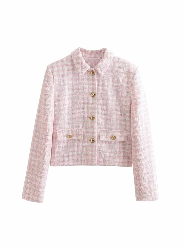 

Women New Fashion Pocket decoration Cropped Tweed Check Coat Vintage Long Sleeve Button-up Female Outerwear Chic Overshirt