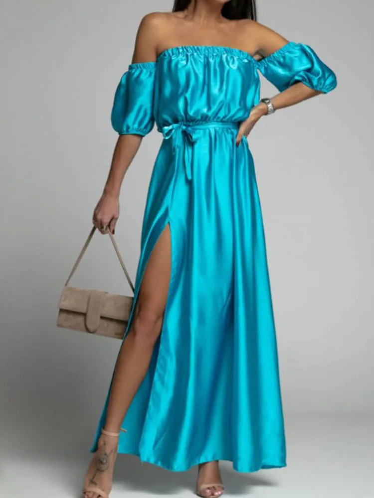Summer Short Sleeve Waist Tie-up Slim Long Dress Elegant Solid Off Shoulder High Slit Party Dress Women Fashion Boho Beach Dress 
Summer Short Sleeve Waist Tie-up Slim Long Dress Elegant Solid Off Shoulder High Slit Party Dress Women Fashion Boho Beach Dress
