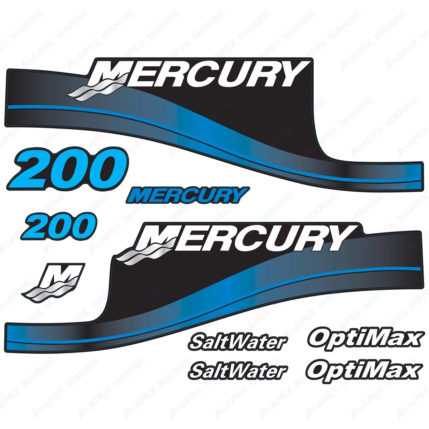 Наклейки для подвесного двигателя Mercury 200 HP OptiMax SaltWater синий комплект наклеек