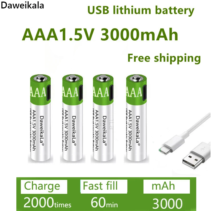 Daweikala USB AAA Rechargeable Batteries 1.5V 3000 mAh li-ion battery for remote control mouseElectric toy battery+ Type-C Cable
Daweikala USB AAA Rechargeable Batteries 1.5V 3000 mAh li-ion battery for remote control mouseElectric toy battery+ Type-C Cable