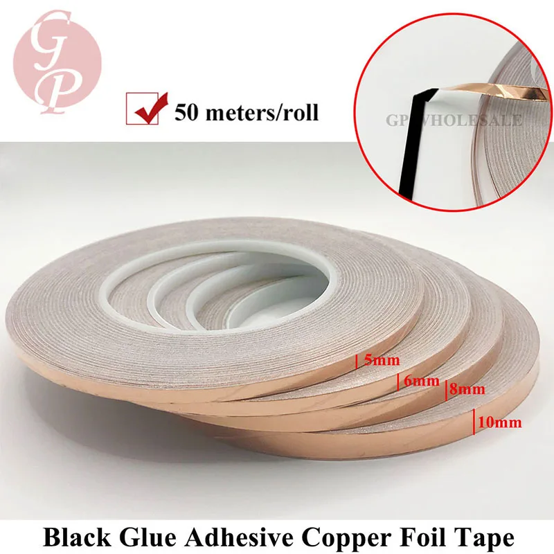 

50M/Roll With Black Glue Single Sticky Adhesive Copper Foil Tape for EMI Masking, 4mm/5mm/6mm/8mm/10mm Width