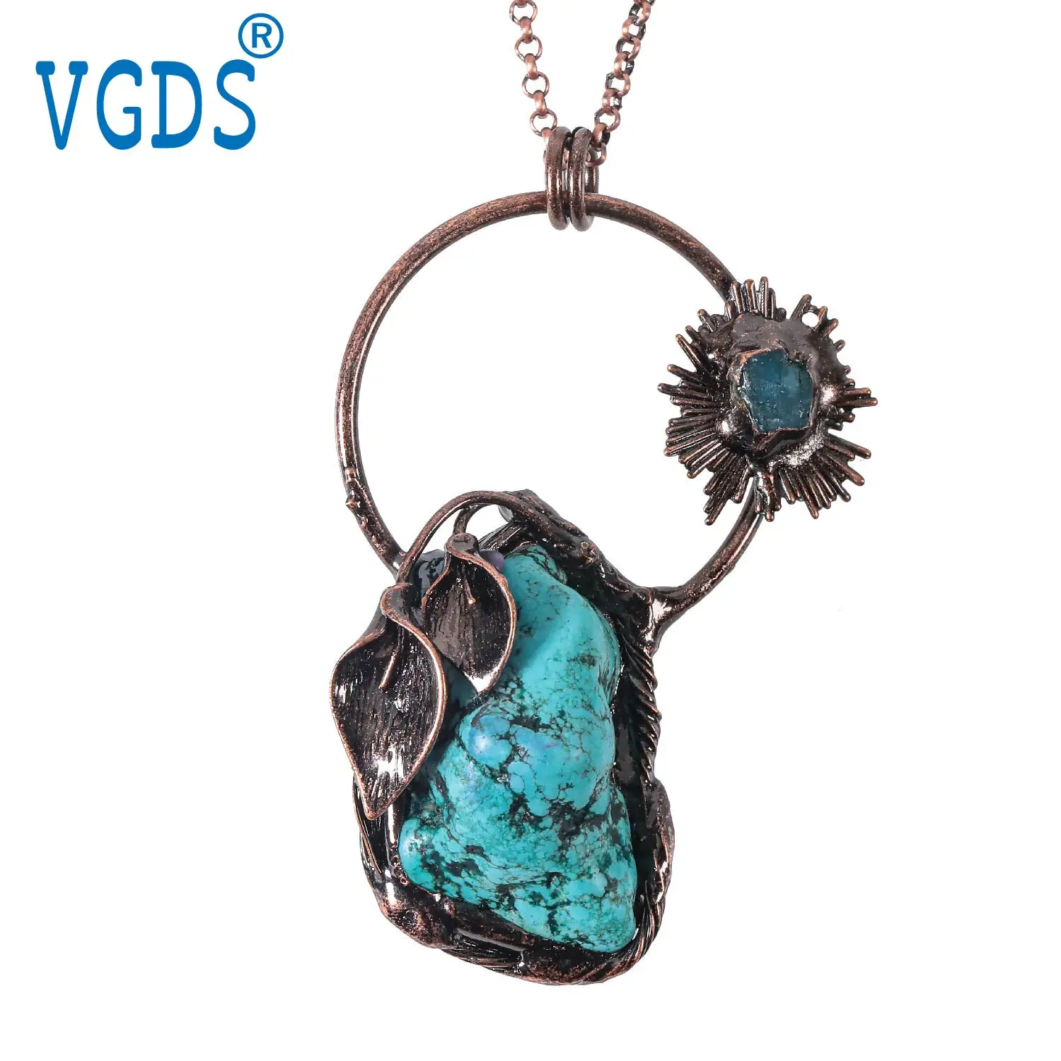 

Raw Ore Natural Turquoise Gem Pendants Men Personalized Leaf Wrapped Bronze Original Healing Stone Jewelry Necklaces for Women