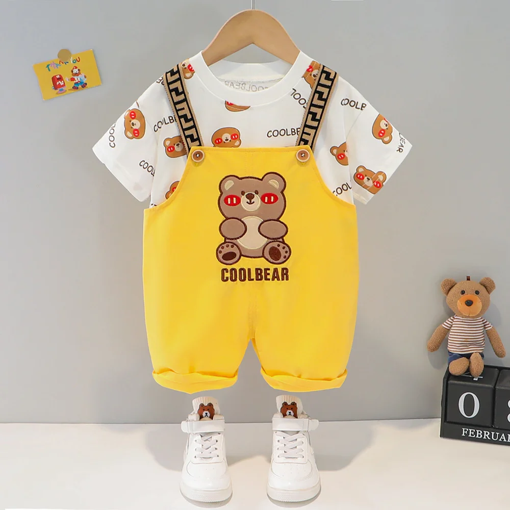 

Лето 2023, детская одежда, костюм из 2 предметов для маленьких мальчиков и девочек, одежда с милым мультяшным принтом медведя, рубашка и комбин...