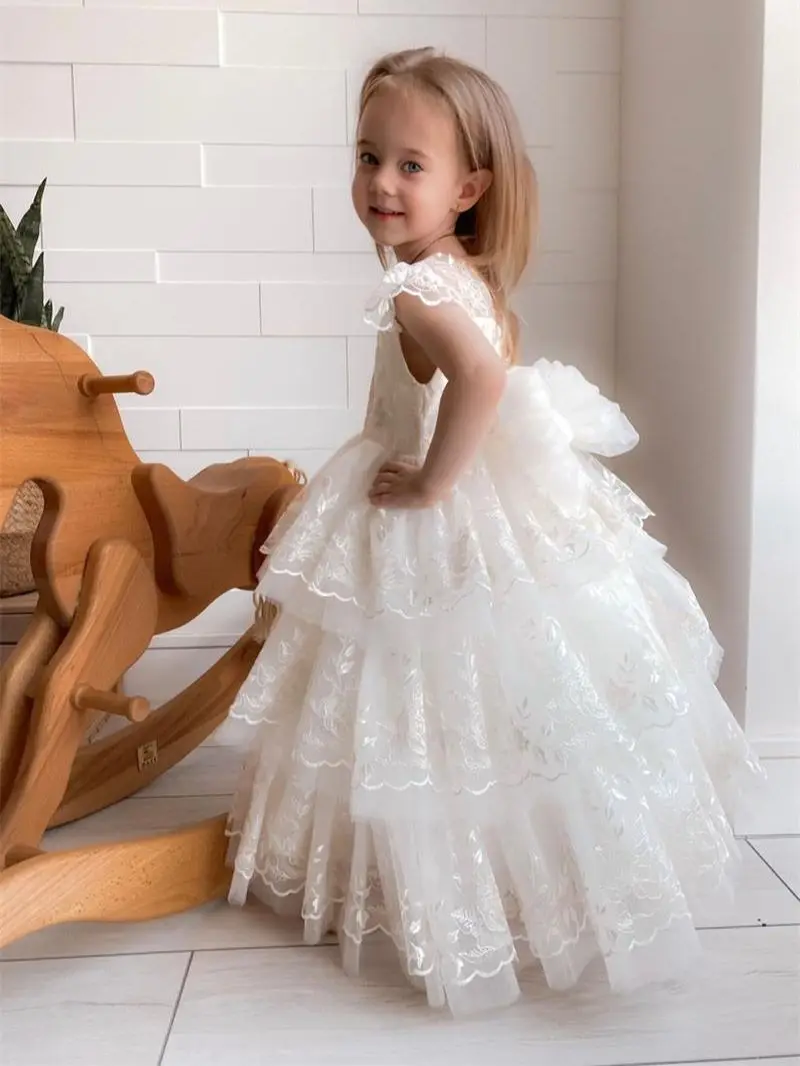 

Ivory Graceful Flower Girl Dresses Appliques Bow Tiered Tulle Custom Made Boho Junior Bridesmaid Dress