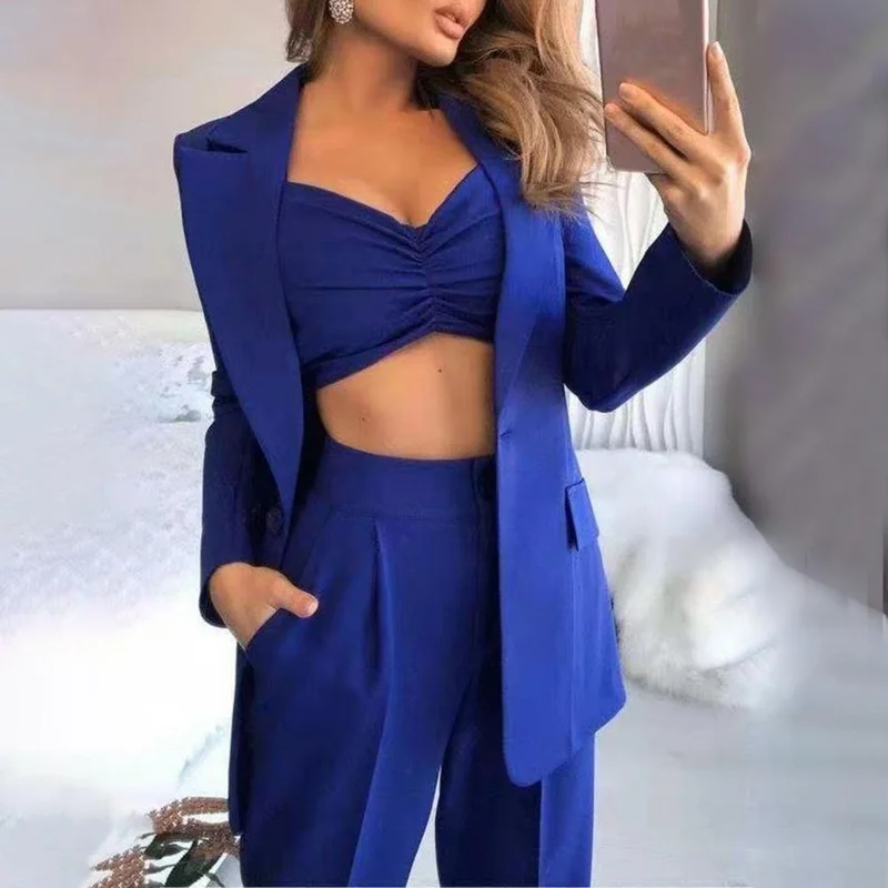 Female Summer Single Button Sling Breathable Turn Collar Office Lady Jacket 3Pcs/Set Women Suit Blazer Coat Pant Top Suit Formal 
Female Summer Single Button Sling Breathable Turn Collar Office Lady Jacket 3Pcs/Set Women Suit Blazer Coat Pant Top Suit Formal