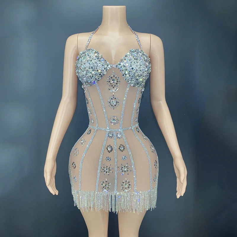 Flashing Silver Rhinestone Crystals Fringes Transparent Short Dress Birthday Celebrate Jazz Dance Costume Evening Dress DN11092
Flashing Silver Rhinestone Crystals Fringes Transparent Short Dress Birthday Celebrate Jazz Dance Costume Evening Dress DN11092