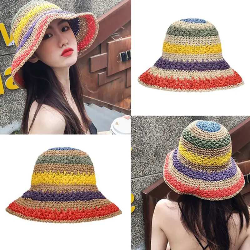 Women Summer Handmade Crochet Straw Sun Visor Hat Rainbow Colorful Stripes Patchwork Wide Brim UV Protection Vacation Beach Cap
Women Summer Handmade Crochet Straw Sun Visor Hat Rainbow Colorful Stripes Patchwork Wide Brim UV Protection Vacation Beach Cap