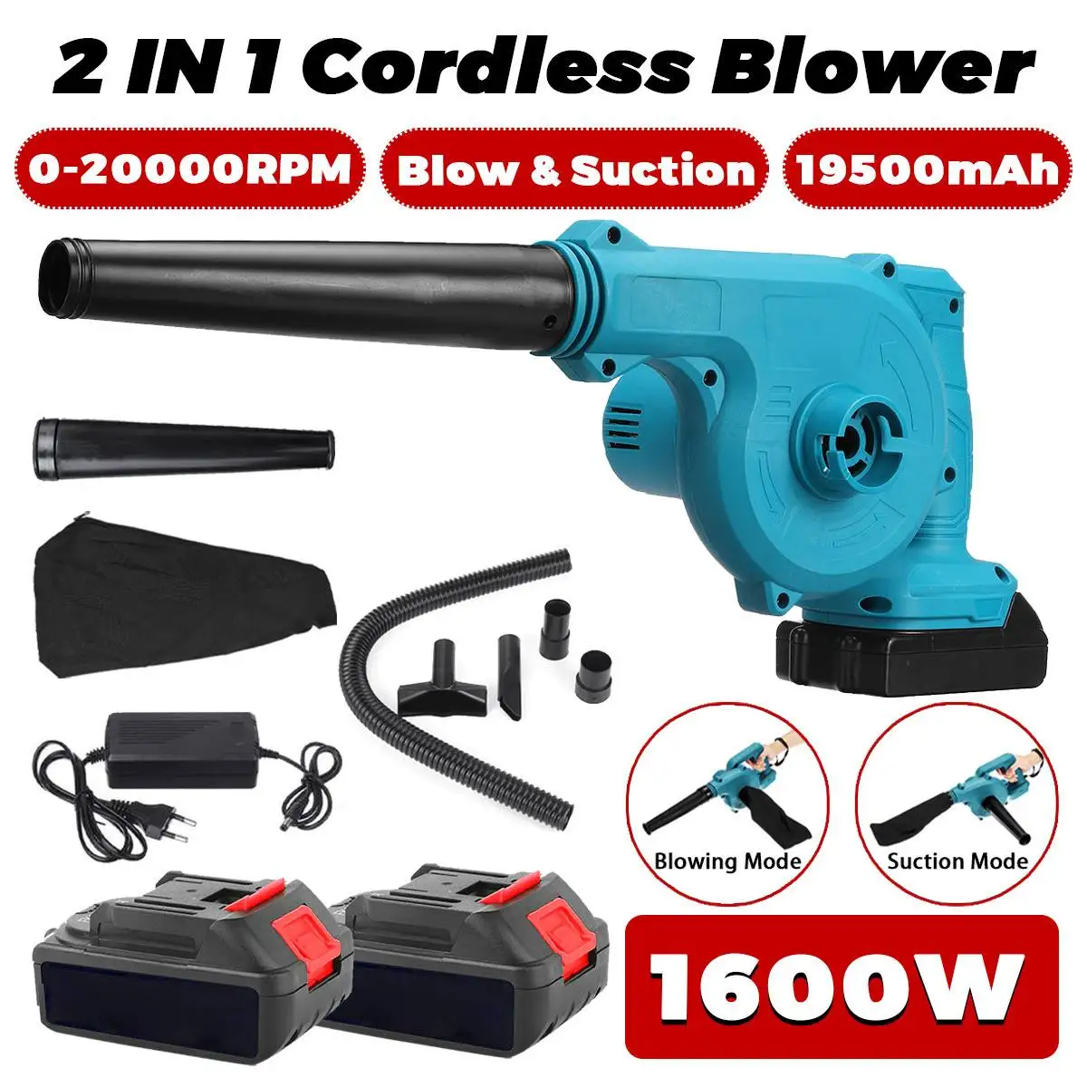 1600W Cordless Electric Air Blower Blowing Suction Leaf Blower with 2Pcs 19800mah Batteries PC Dust Cleaner Collector Power Tool
1600W Cordless Electric Air Blower Blowing Suction Leaf Blower with 2Pcs 19800mah Batteries PC Dust Cleaner Collector Power Tool